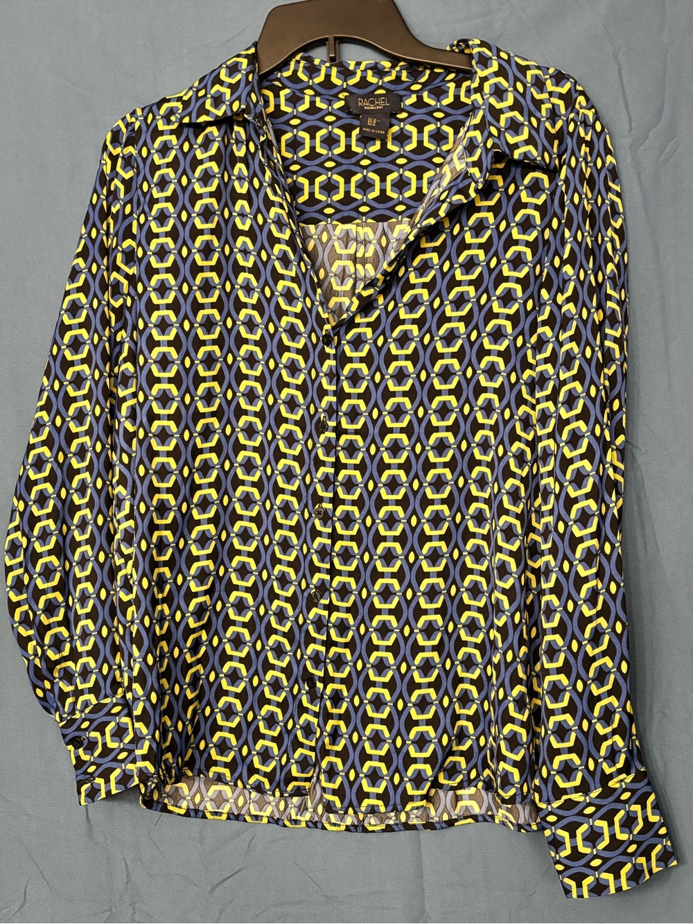 RACHEL Rachel Roy Navy and Yellow Geometric Button-Up Blouse